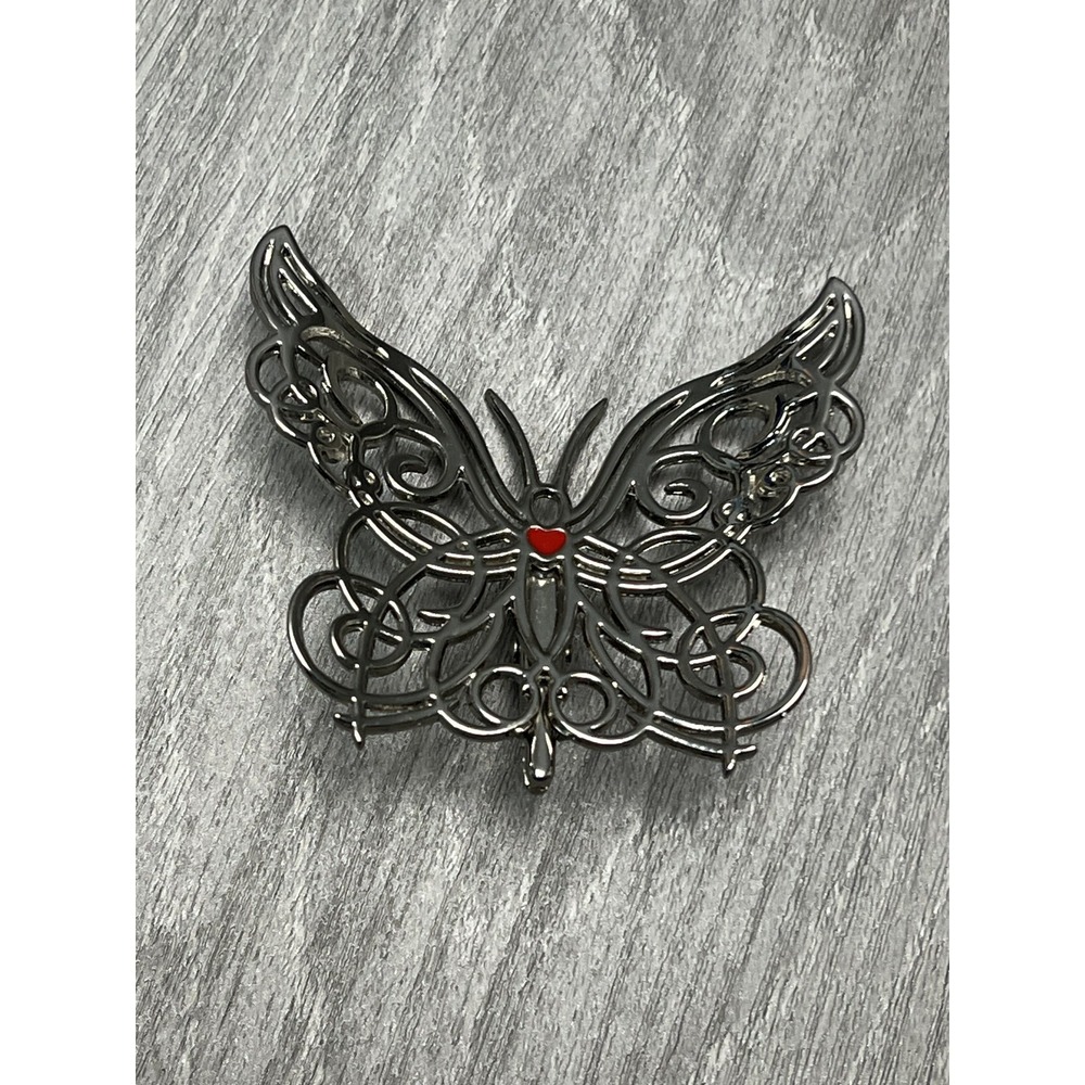 Neiman Marcus Figural Butterfly Scarf Hair Dress Lapel Clip Filigree Red Heart - Picture 2 of 8